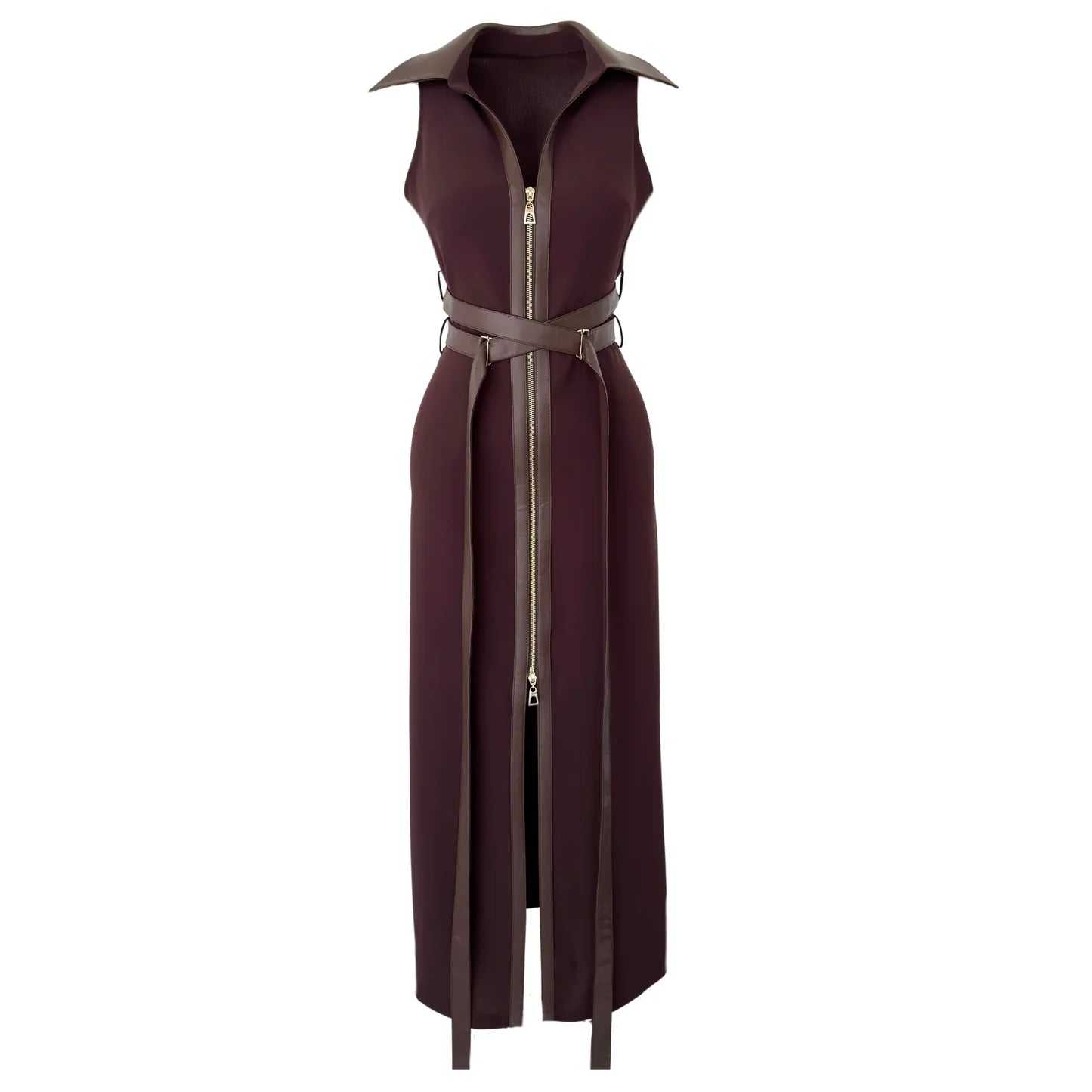 Bella Brown Zipper  Leather Maxi Dress with Belt