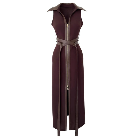 Bella Brown Zipper  Leather Maxi Dress with Belt